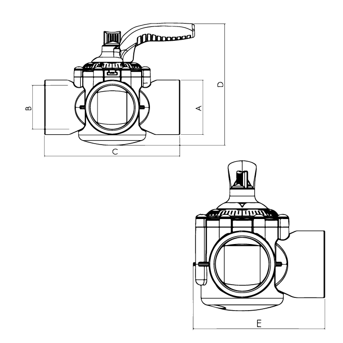 Medidas de válvula flex 3 vías Emaux