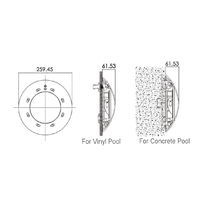 Medidas de foco subacuático para piscina serie CP100